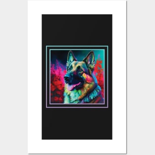 Excited German Shepherd Floral Vibrant Tropical Digital Oil Painting Pet Portrait Posters and Art